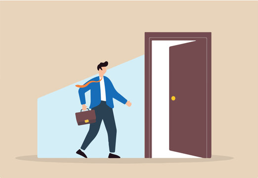 Flat illustration of businessman leaves through open door symbolizing career transition to new opportunity