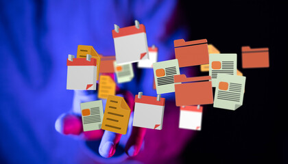 Abstract concept of data management, document organization, and time planning displayed on a human hand. Illustrative design for business and te