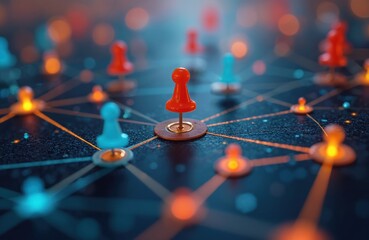 Central red pin highlights network diagram. Complex digital connections form blurred background. Image represents process simplification, workflow optimization within technology systems. Illustrates