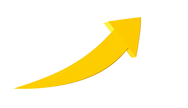 A yellow upward-curving arrow pointing towards the upper right on a stark black background