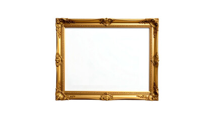 A gold ornate rectangular picture frame with a blank white interior, set against a black background