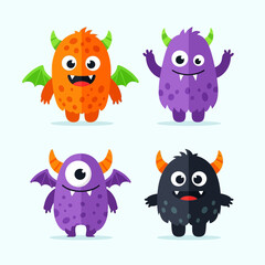 Fototapeta premium A collection of four cute and colorful cartoon monsters with horns and wings, designed in a flat vector style.