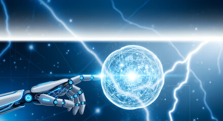 Naklejka premium AI hand touching energy orb. Artificial intelligence hand interacts with shimmering energy orb, radiating power. AI hand symbolizes technological innovation and digital transformation.