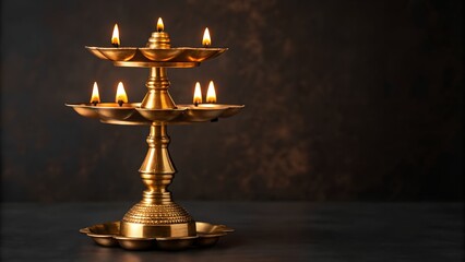 Obraz premium Ornate Brass Oil Lamp With Multiple Flames Illuminated Against A Dark Textured Background
