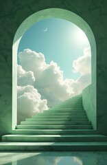 Green marble staircase leads to sky with clouds and crescent moon. Archway frames celestial path upwards, offering a surreal portal to dreamlike realm. Sun shines brightly, illuminating steps.