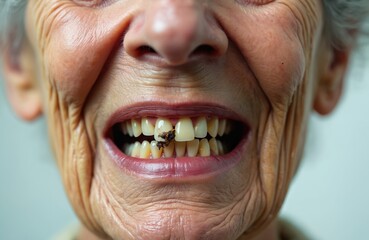 Close up photo of older woman face. Visible smile with yellow teeth and dental problem. Wrinkled skin lips nose. Portrait of senior adult with oral issue.