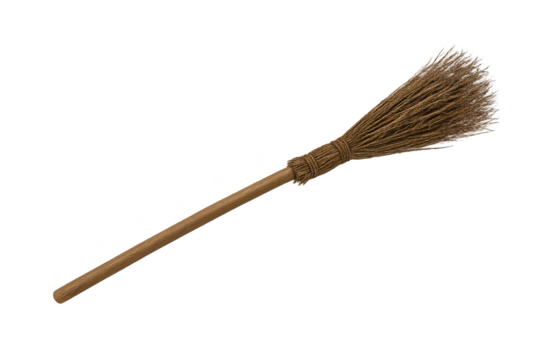 Wooden-handled broom with stiff brown bristles tied near tip