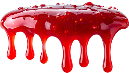 Glossy, red, viscous liquid with droplets and a flowing, dripping effect, isolated on black