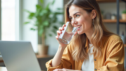 A female manager drinks clean water from a glass in the office