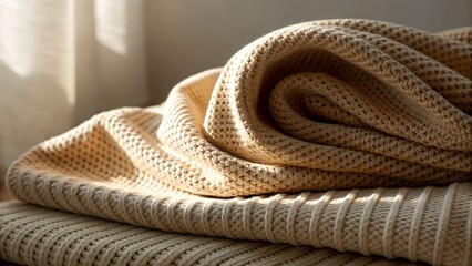 Warm Textured Knitted Blankets Folded Softly In Natural Sunlight Cozy Home Atmosphere