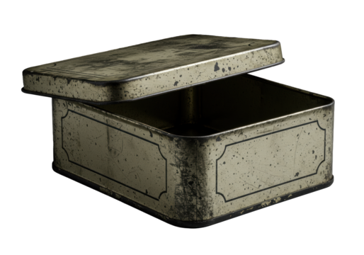 A distressed, empty, vintage rectangular metal tin box with scuffed patina, chipped paint, and decorative borders, lid ajar, on transparent with dramatic studio lighting. Concept of forgotten history