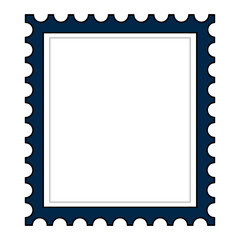 A square postage stamp frame featuring a thick dark navy blue scalloped border. The center is an empty space, perfect for labeling or framing small images.