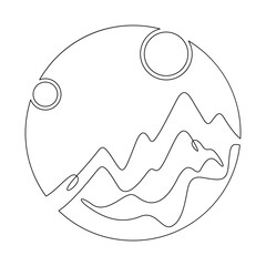 Continuous one line drawing Moon against a high mountain. Mountain landscape. Linear icon. Line art.One continuous line isolated illustration.Not AI.