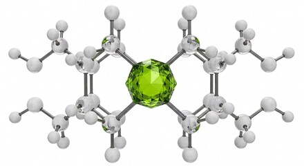Peridot green crystal lattice molecular structure - Transparent atomic bonds and chrome spheres - Crystallography materials science illustration on white