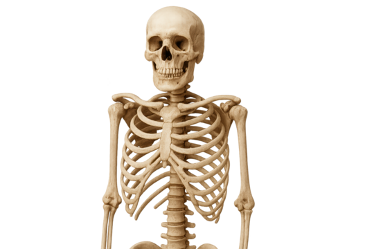 Anatomical human skeleton model displayed against transparent background