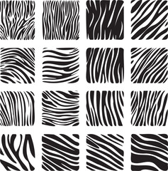 Collection of sixteen unique black and white zebra stripe pattern designs