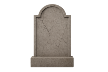 Gray cracked stone tombstone with arched top on pedestal