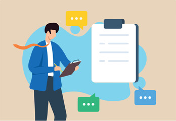 Flat illustration of businessman writes client requirements from meeting discussion