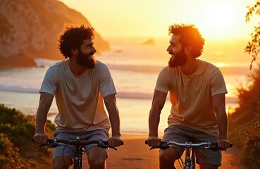 Two bearded men ride bicycles on coastal path together. Smile, happily looking at during golden sunset. Ocean, cliffs create scenic background. Couple friends enjoy bike ride by sea, feeling joy,