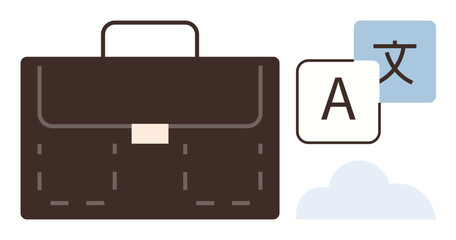 Briefcase paired with translation symbols representing language services. Ideal for business, travel, communication, technology, globalization, cross-culture, collaboration. Simple flat metaphor