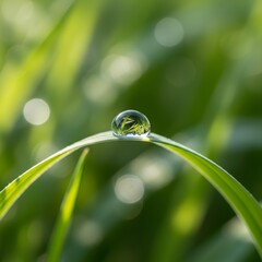Water droplet on blade of grass with reflected greenery and bokeh background vector illustration for nature and clarity themes