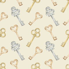 Watercolor seamless pattern with keys. Print with silver, copper, and gold keys. Vintage wallpaper, wrapping paper, and background designs. Design and formatting. Hand-drawn illustrations.