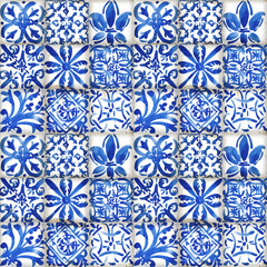 Watercolor Blue Azuledjo Mediterranean Tile Pattern