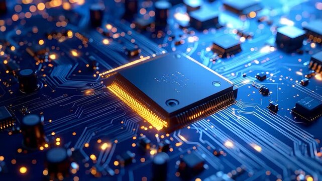 A detailed image of a computer processing chip on a circuit board, lit up with glowing lights