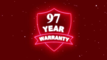 97 year warranty quality assurance with shield emblem stamp badges symbol of product guarantee animated. Neon Warranty shield Animation.  Stamp, Imprint, Seal Template. Business guarantee