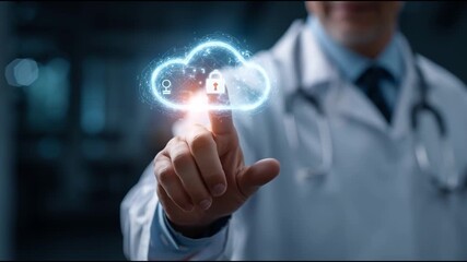 Medical professional interacts with digital cloud security interface, showcasing technology engagement - Powered by Adobe