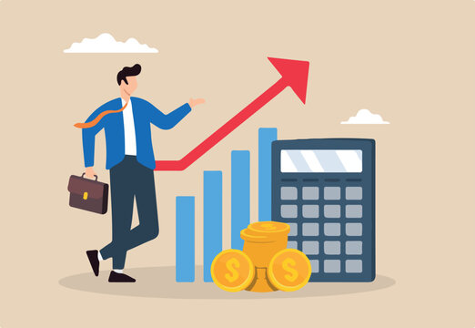 Flat illustration of businessman calculate revenue growth with calculator evaluating profit using chart financial analysis investment earning tax accounting