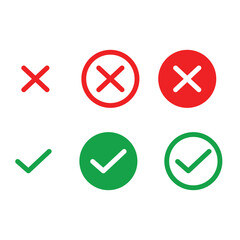 Green Check Mark and Red Cross Icon Set &ndash; Tick and Cancel Symbols for UI Design, Approval, and Error Indication Isolated on White Background