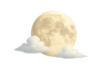 Full moon with soft white clouds overlapping plain transparent background