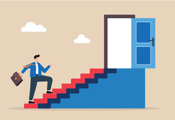 Flat illustration of businessman walks up staircase towards an open door symbolizing a new career opportunity.