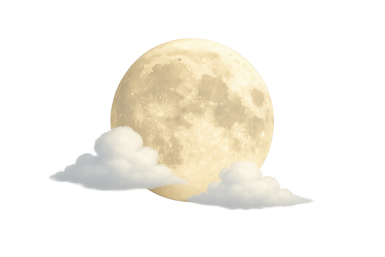 Full moon with soft white clouds overlapping plain transparent background