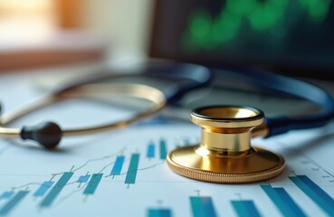 Stethoscope rests on stock market chart with blurred computer. Medical financial analysis shows investment growth. Health care market trend shows business success. Medicine cost report, market