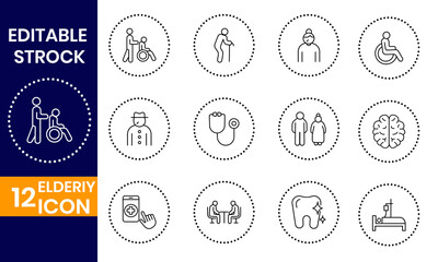 Vector art of line art elderly icon set depicting healthcare and senior care, featuring symbols of assistance, medical equipment, and agerelated health conditions