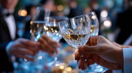 Blurred figures in gala attire with sharp detailed crystal stemware clinking in festive moment, with copy space