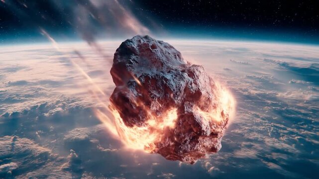 Giant space rock streaks toward a cloud-covered earth with fiery trails