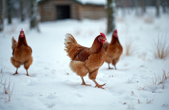 Chickens walk on snow covered ground in winter season. Brown hens at the snowy farm. Farm animals at the snowy field. Village and poultry concept.