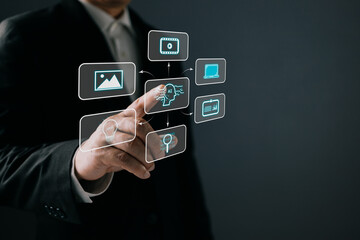 Man touch icon and use ai generates multimedia, marketers education, research, analyze media video streaming content creation and online marketing strategies to grow their digital business