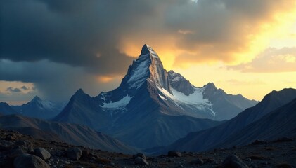 Gloomy mountain peak shrouded in dense, ominous storm clouds, with subtle rays of light breaking through. A desolate mountain summit under a sky filled with heavy, dark, and ominous storm clouds.