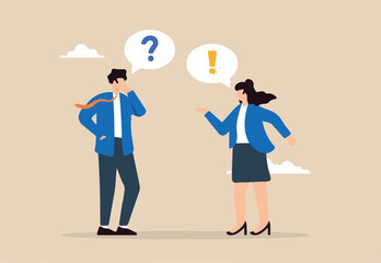 Flat illustration of businessman and businesswoman ask answer with question and exclamation mark engaging in QA session to solve workplace problem	