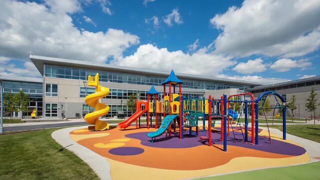 Colorful Playground under Blue Sky at Kindergarten