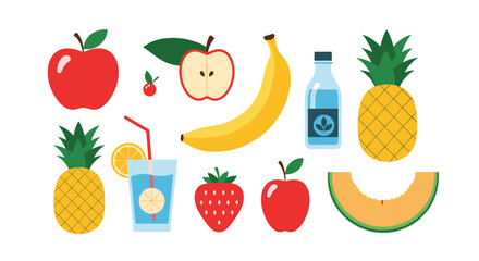 Colorful fruits and drinks collection for healthy eating and refreshment.