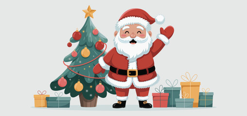 Cheerful Santa Claus Waving Beside Tree and Gifts