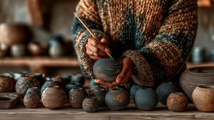 Artisan potter, wearing a cozy sweater, skillfully painting intricate designs on a handmade ceramic pot, surrounded by various unique pottery pieces in a rustic workshop