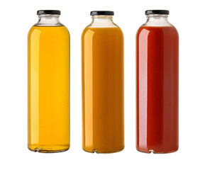 Glass bottles containing yellow, orange, and red natural fruit juices
