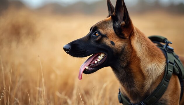 Alert Belgian Malinois dog in tactical harness standing in field. K9 police partner on duty during mission. Loyal guard animal provides security, protection, enforcement for law officers. Strong,