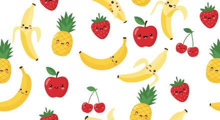 Colorful fruit pattern with smiling faces on white background.